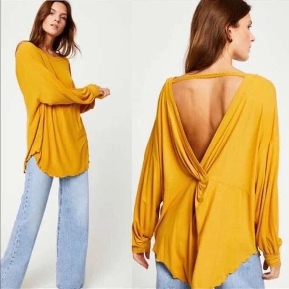 Free People Tops - NEW Free People XS Shimmy Shake Boho Low Back Top Untamed Gold Long Sleeve PS2